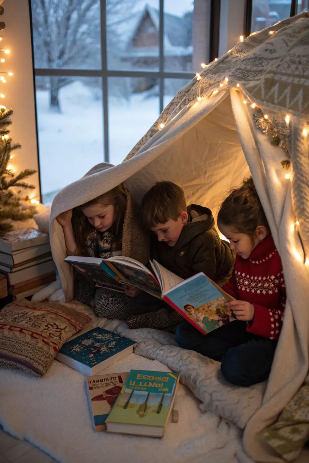 Children enjoying winter-themed stories inside cozy blanket forts.