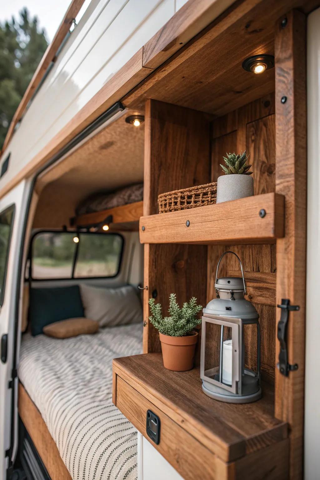 Elevate your camper van interior with the timeless charm of natural wood finishes.