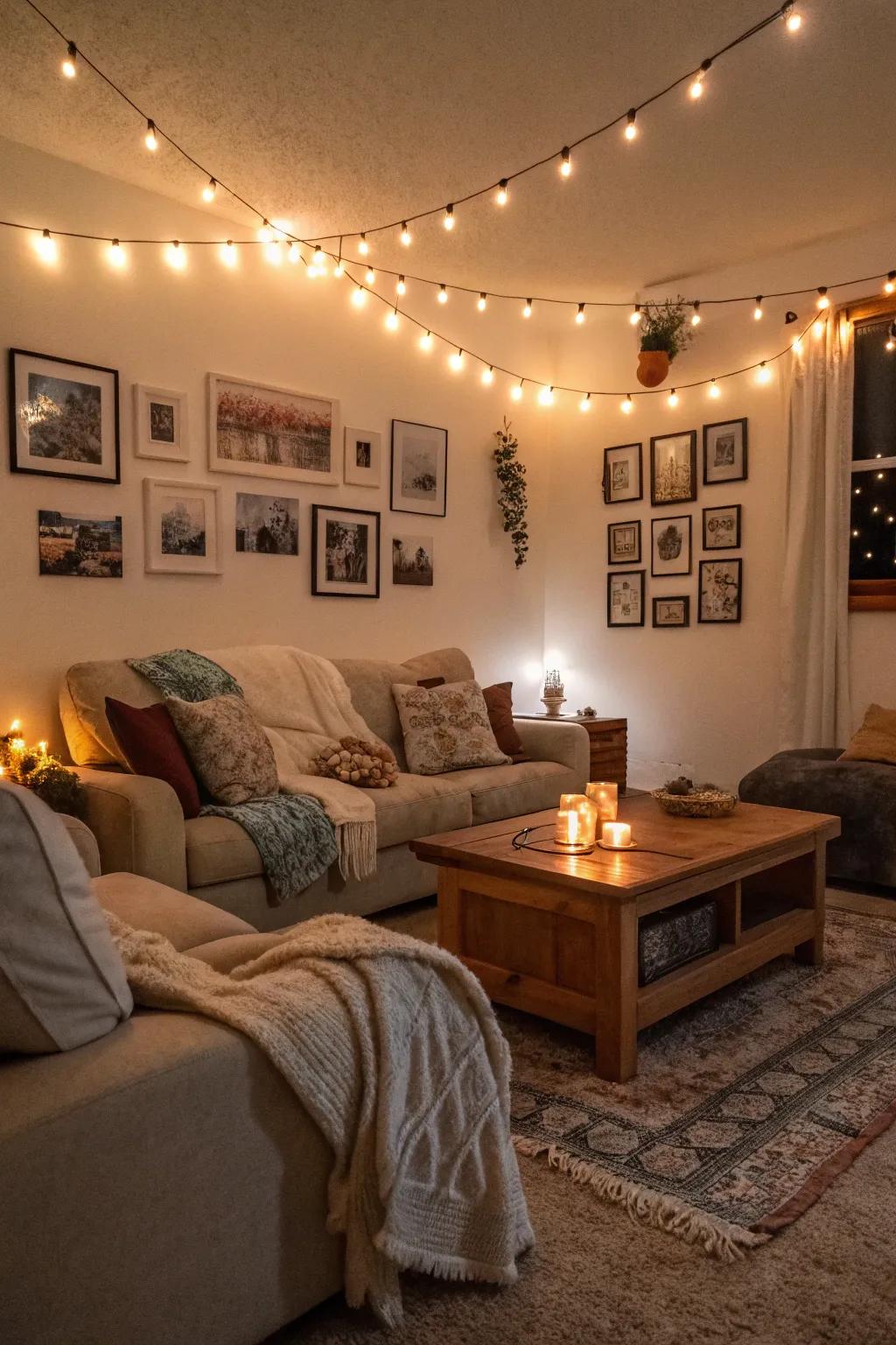 String lights evoke the cozy glow of a jazz club.
