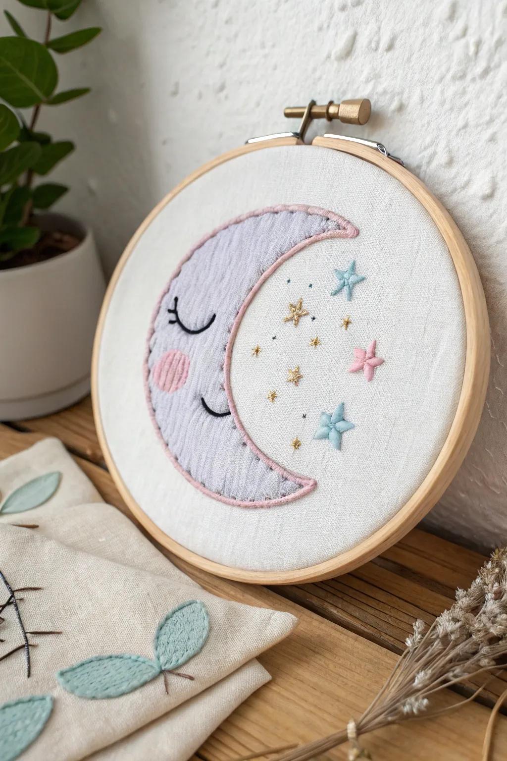 Dream big with this kawaii embroidery hoop art, blending Scandinavian minimalism with boho charm.