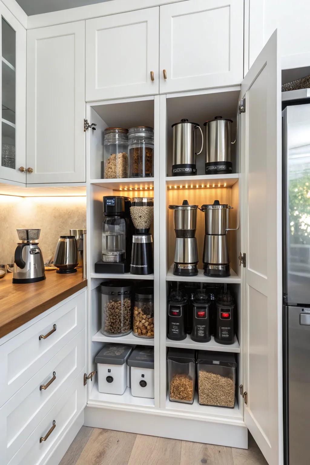 Functional cabinets designed for efficient coffee station organization.