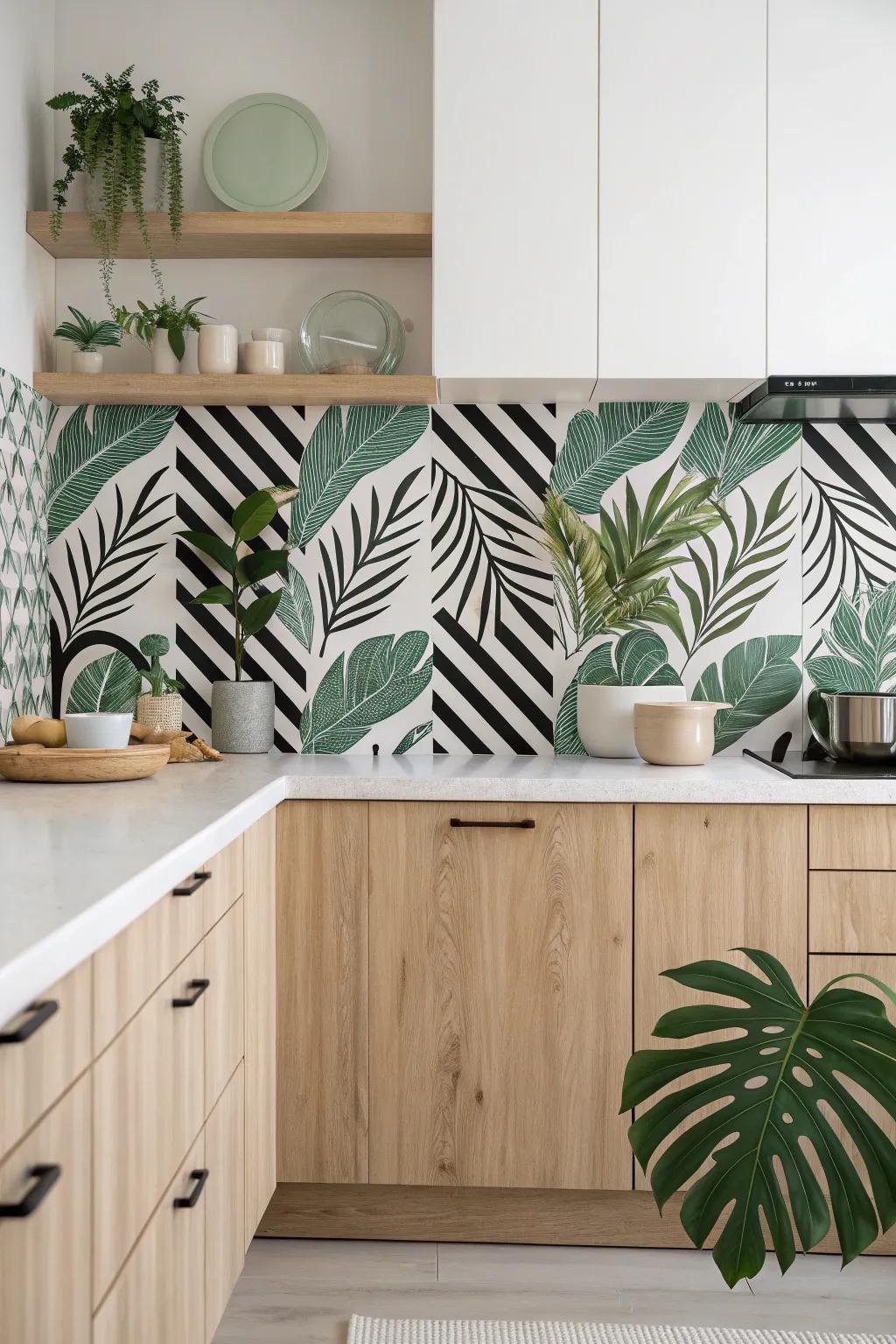 Transform your kitchen into a vibrant oasis with a playful mix of patterns. Elevate simplicity with a touch of boho charm!