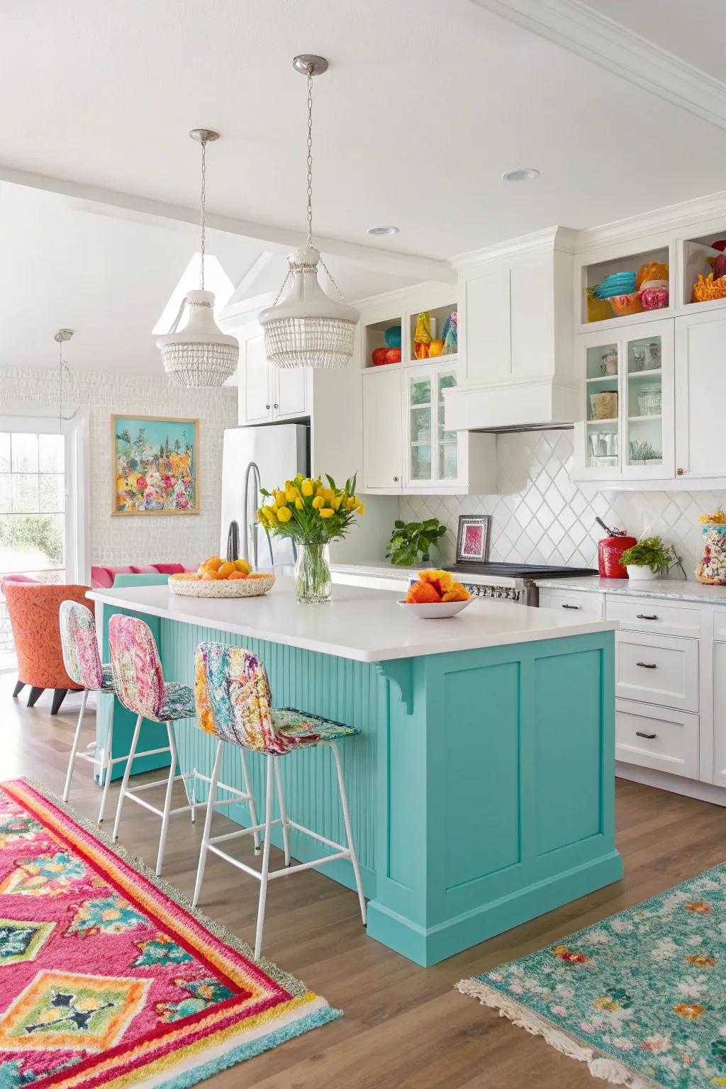 A turquoise kitchen island brings a playful and vibrant element to the kitchen.