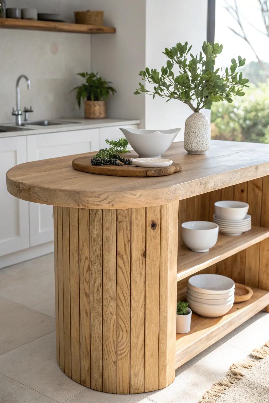 Transform your kitchen with a stylish curved-edge island that combines minimalist design with natural beauty!