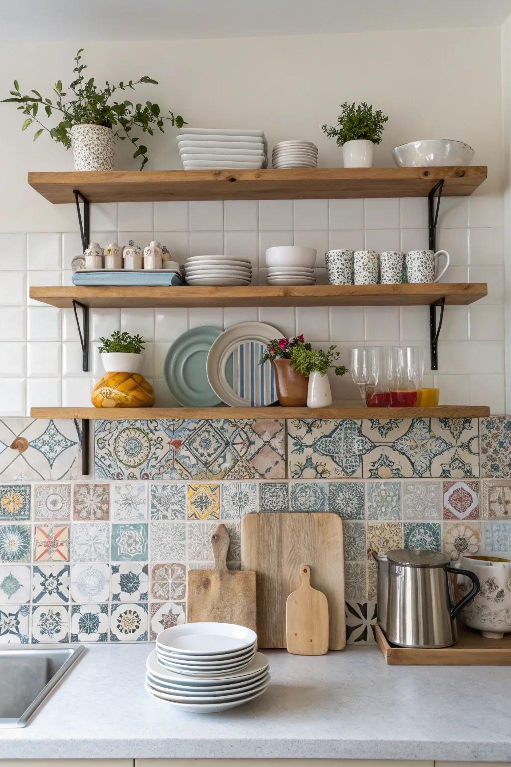 Open shelving against stylish tiles creates an accessible and airy kitchen.