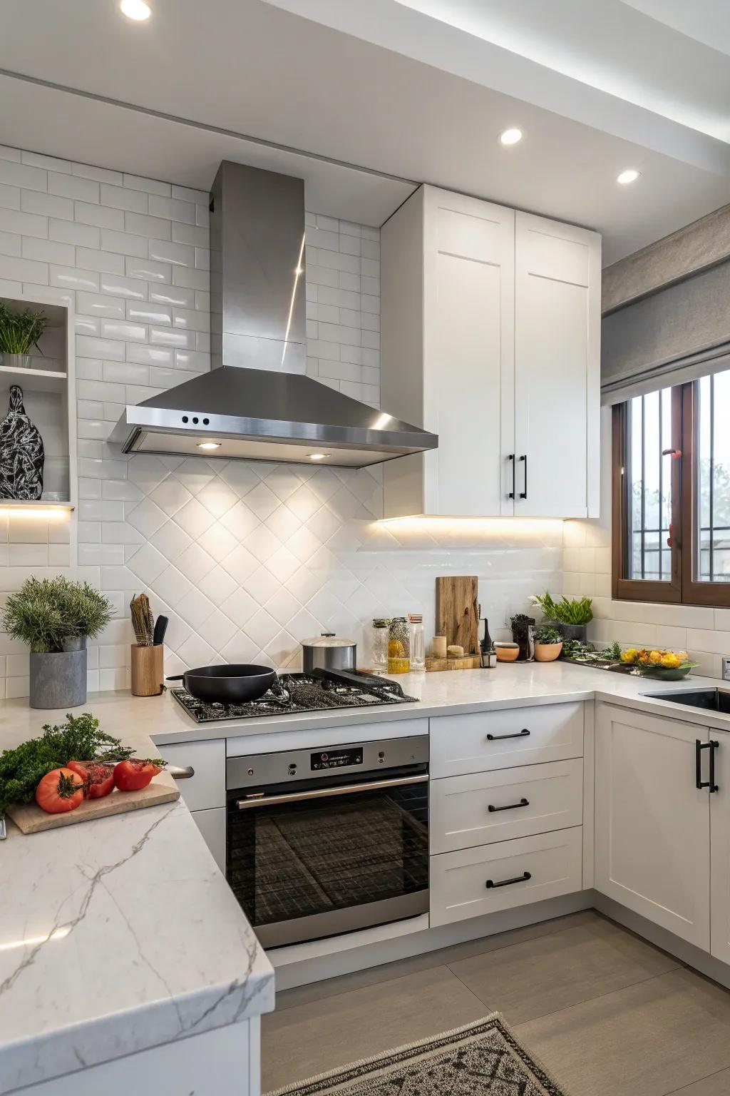 A range hood ensures good air quality in a windowless kitchen.