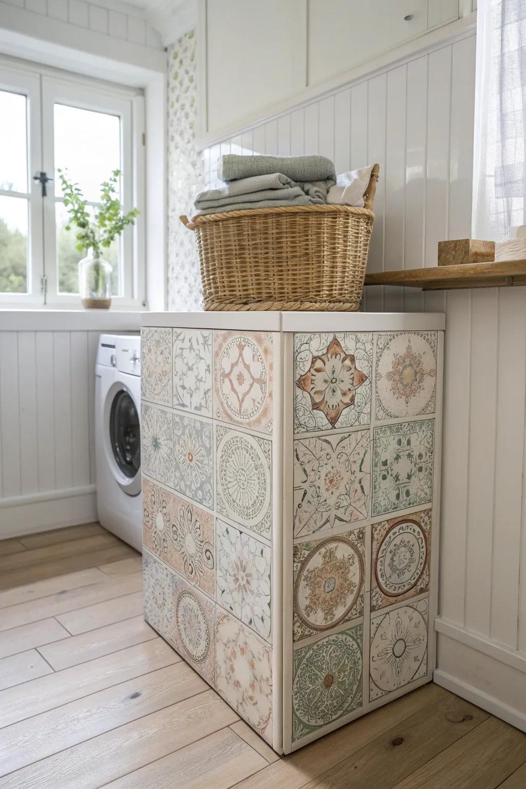 Elevate your laundry space with a custom-tiled pedestal, where craftsmanship meets Scandinavian simplicity.