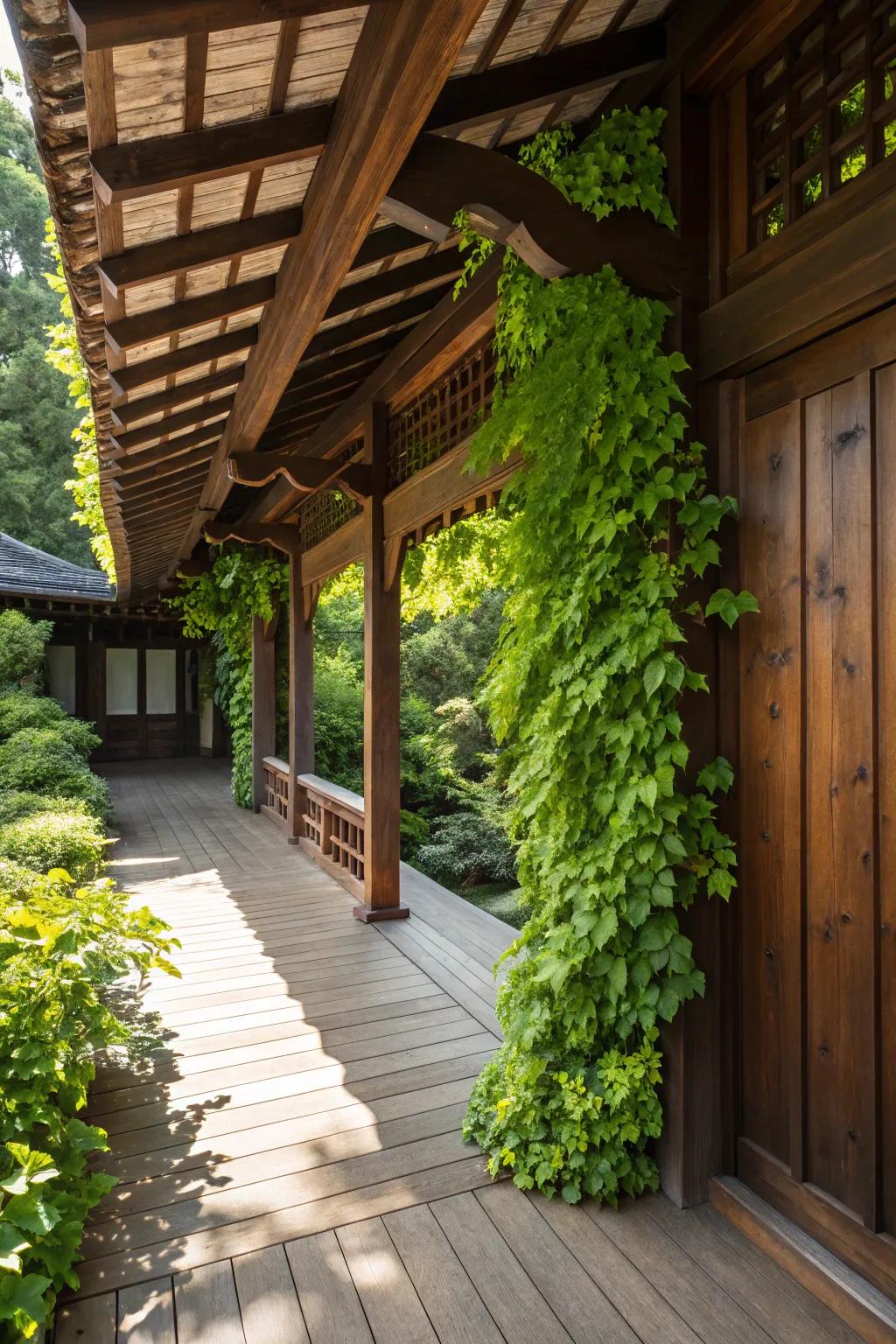 Discover the art of seamless garden integration with a vine-clad lean-to, where craftsmanship meets nature.
