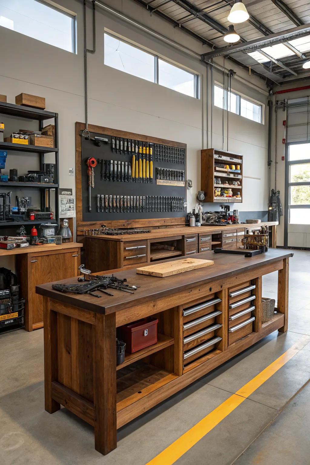 Embrace the art of organization with a spacious and functional open layout in your workshop.
