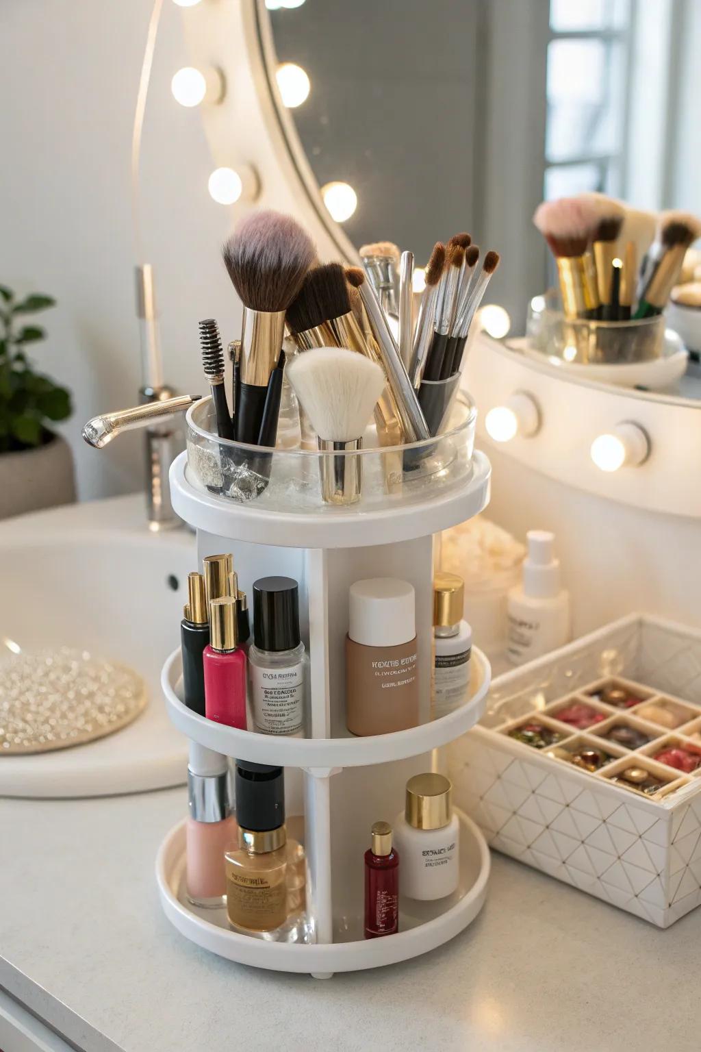 Tiered organizers maximize space while showcasing brushes beautifully.