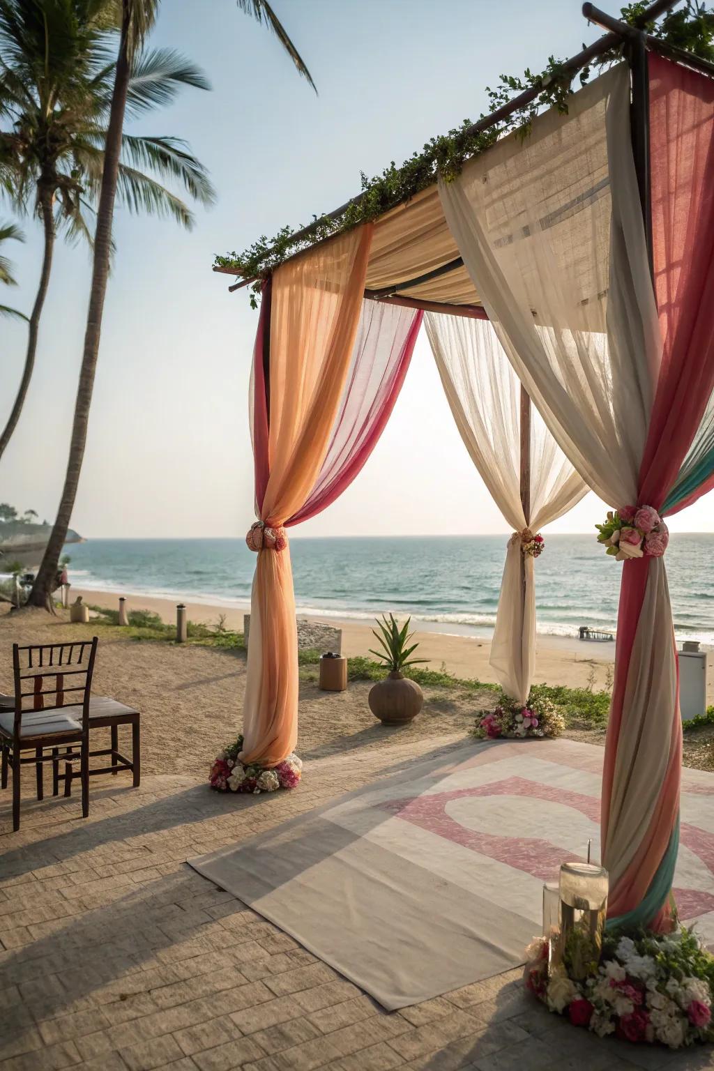 A beach mandap with flowing fabrics creates a serene coastal vibe.