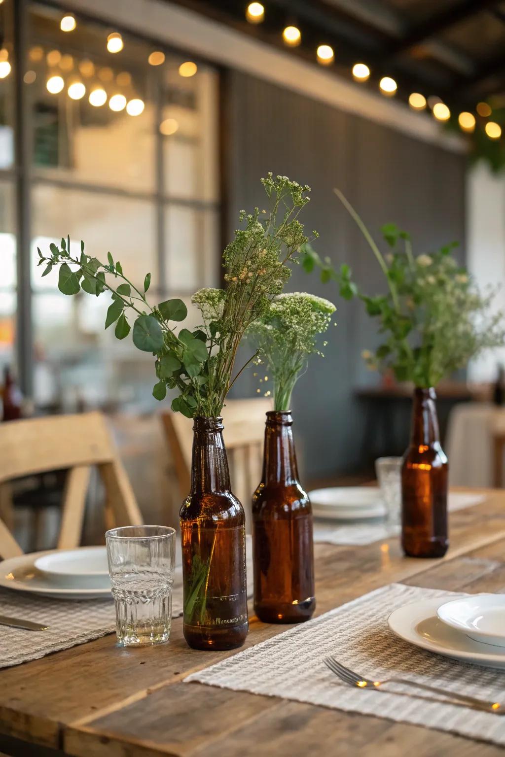 Add a casual touch with beer bottles turned vases.