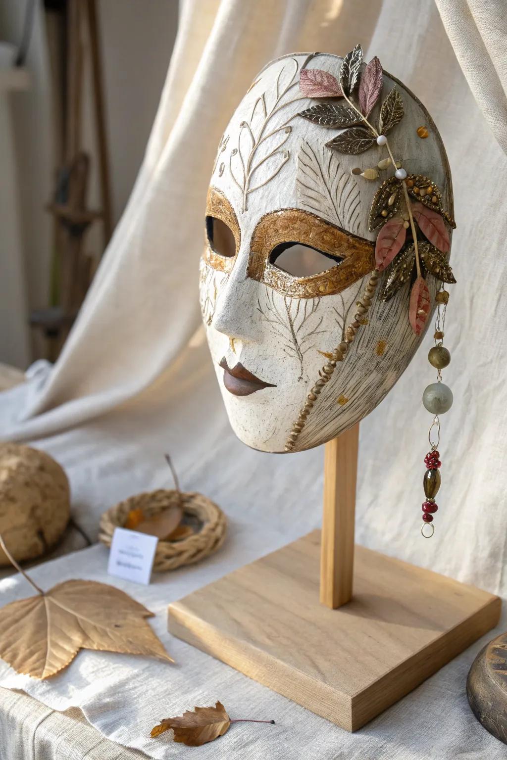 Discover the magic of mixed media with this stunning textured mask, where craftsmanship meets natural beauty.
