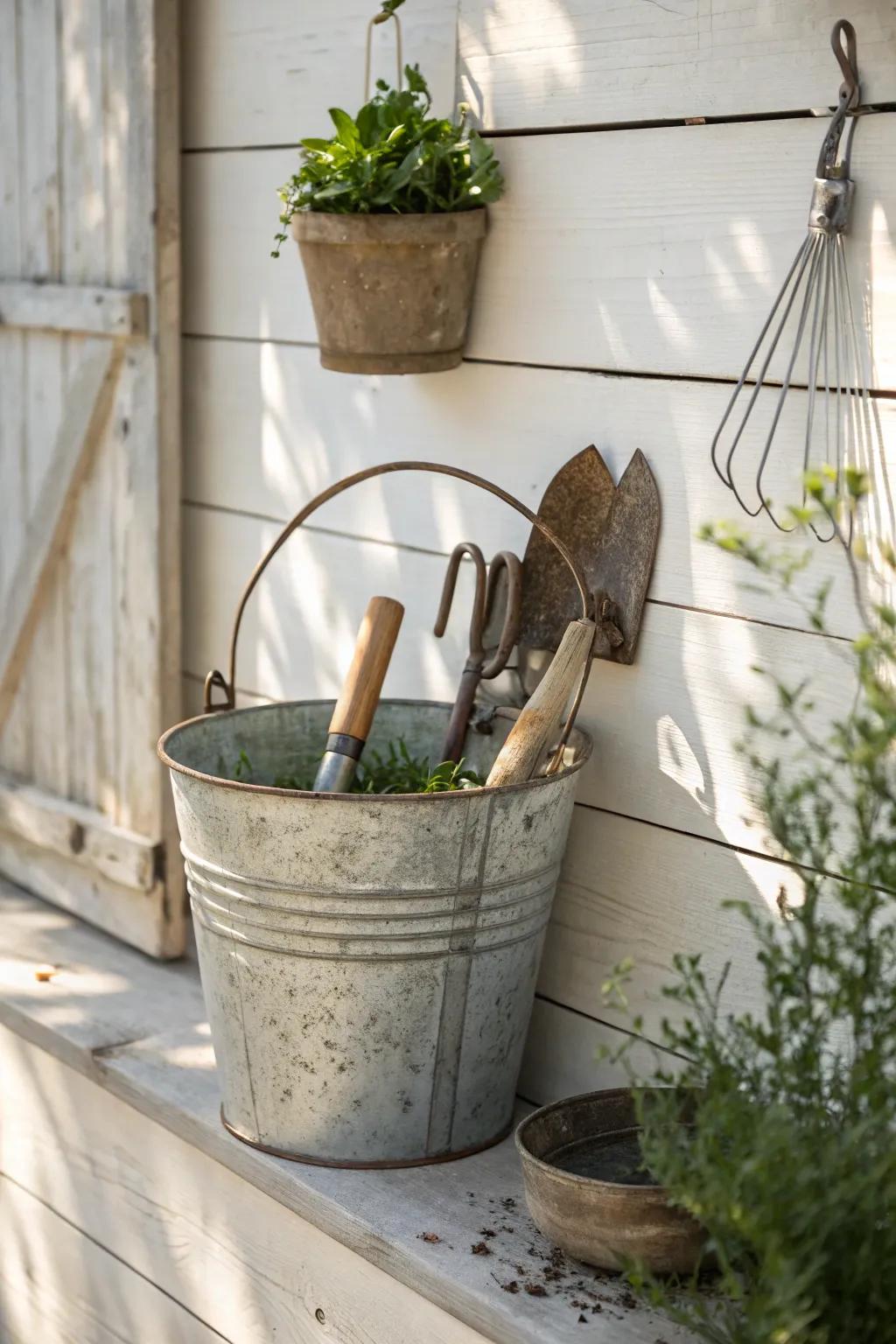 Transform your garden space with rustic charm: a stylish metal bucket organizer.