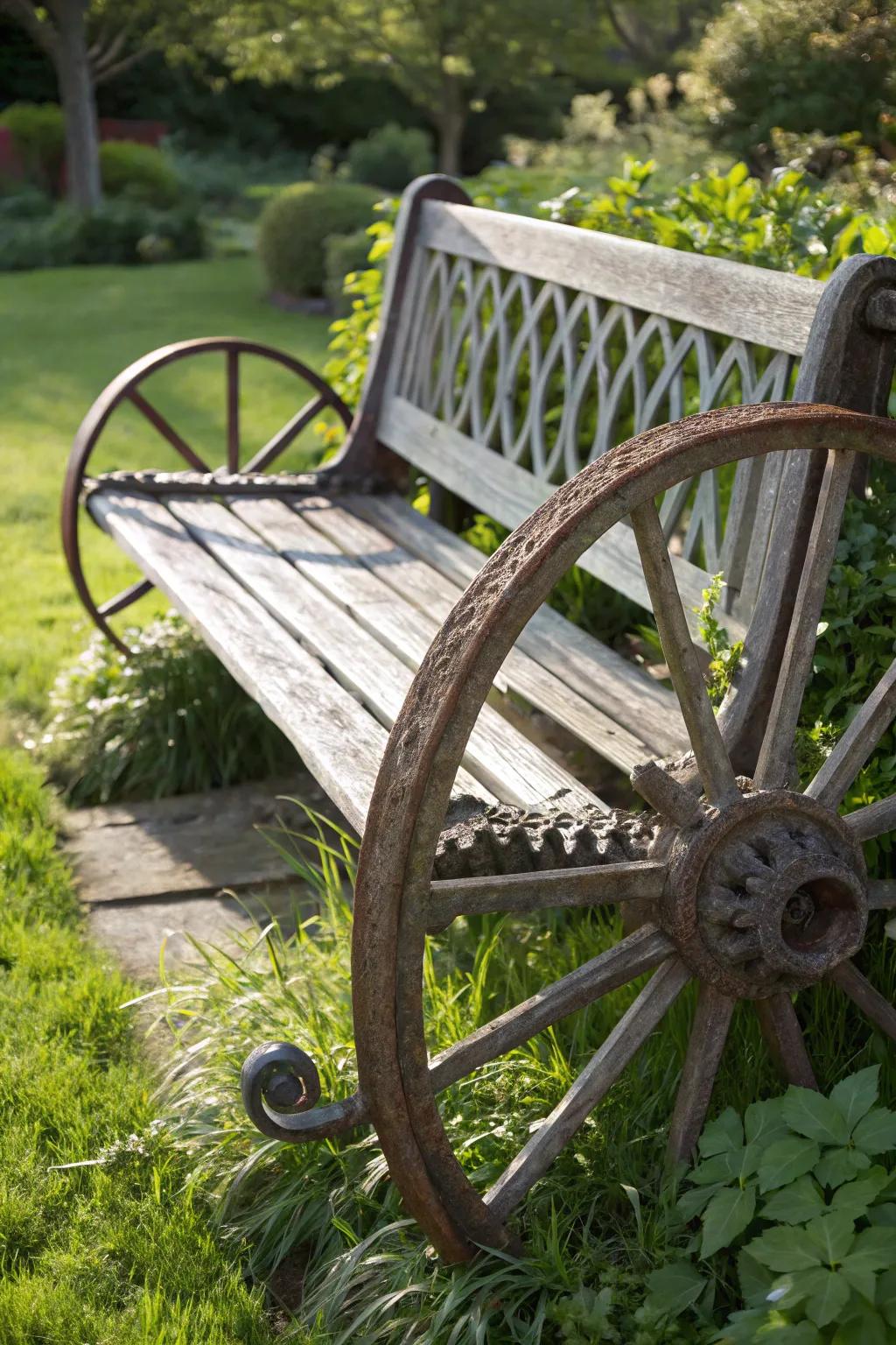 Experience the rustic charm and timeless craftsmanship of this wagon wheel bench, a perfect blend of style and functionality for your garden.