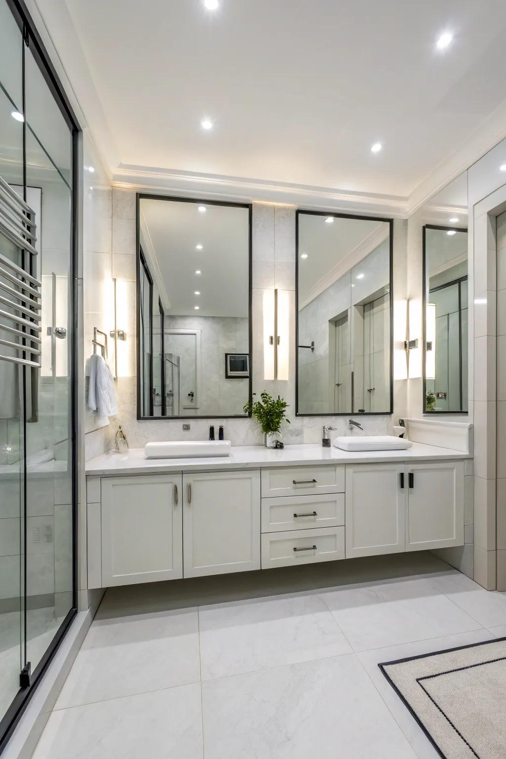 Mirrored cabinets offer both storage and style in modern bathrooms.