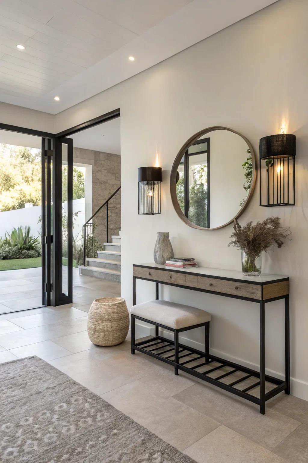 Minimalist furniture maintains a sleek and uncluttered foyer design.