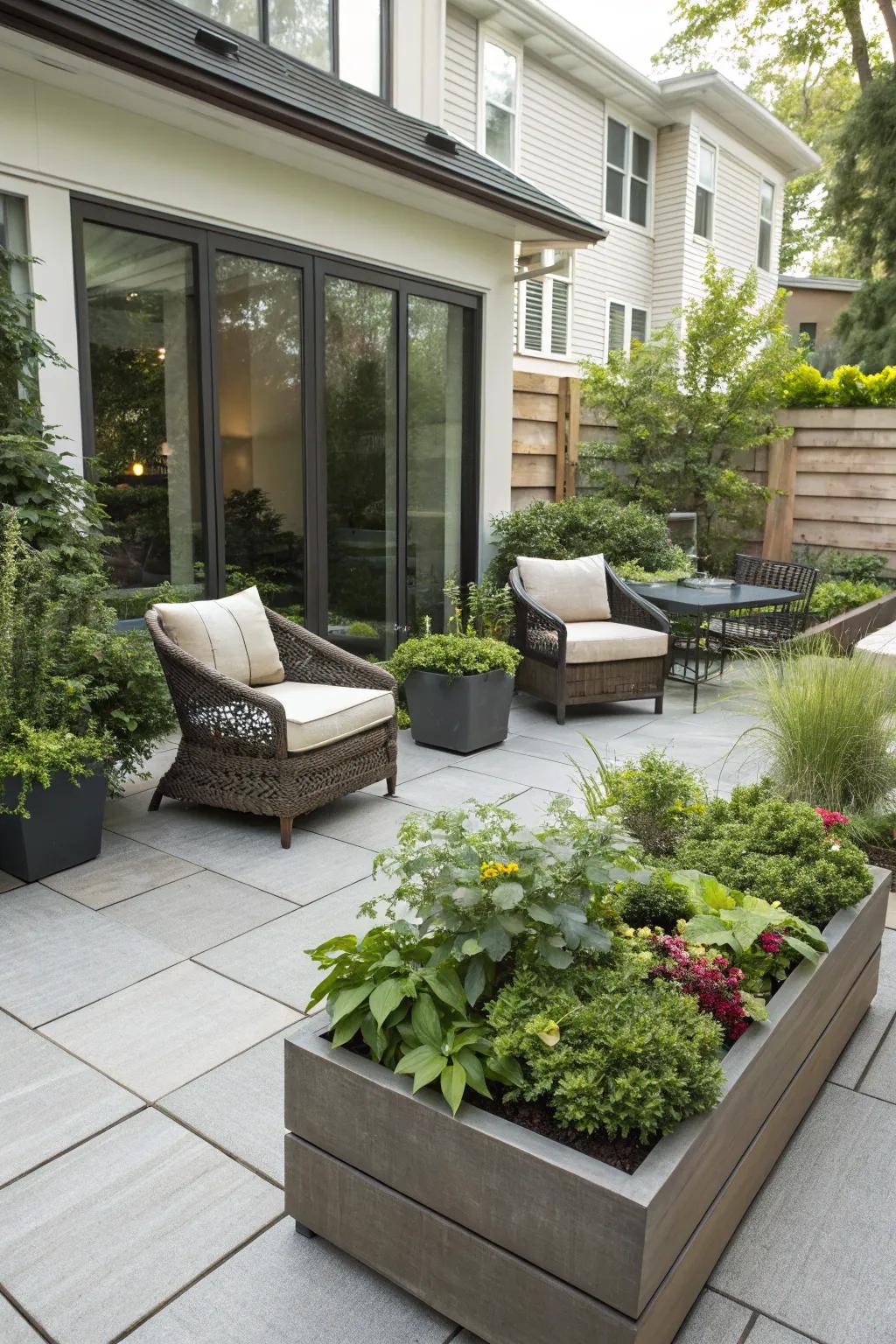 Integrated planting brings vibrancy to modern patios.