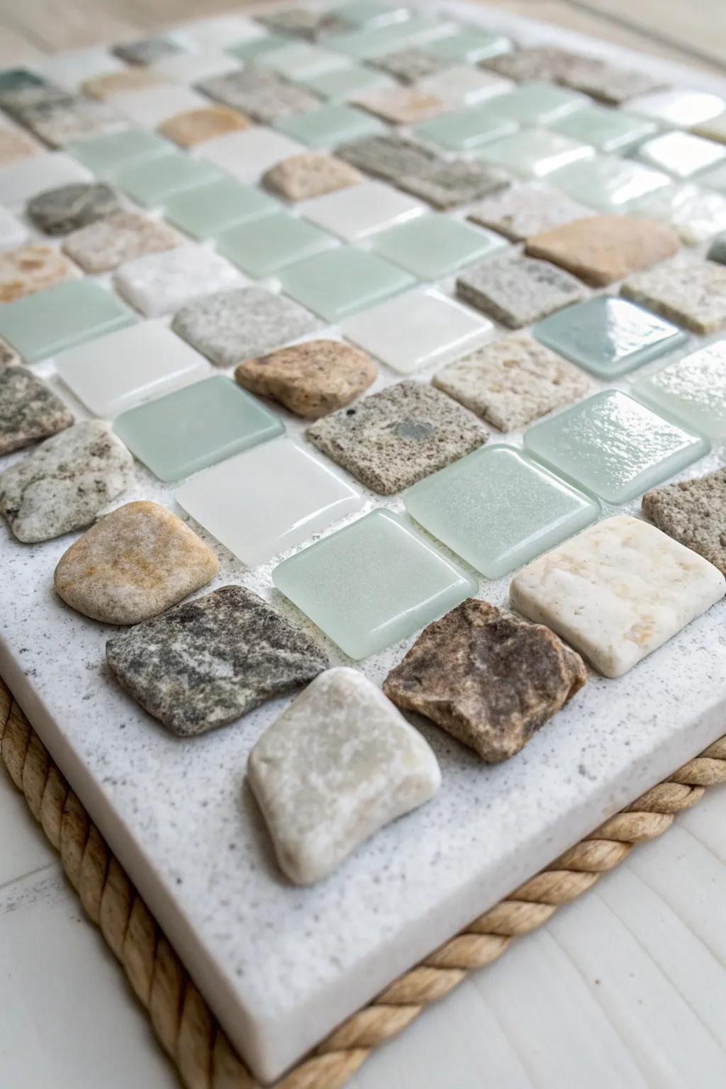 Discover the tactile allure of mixed-material mosaics, where smooth glass meets rugged stone in perfect harmony.