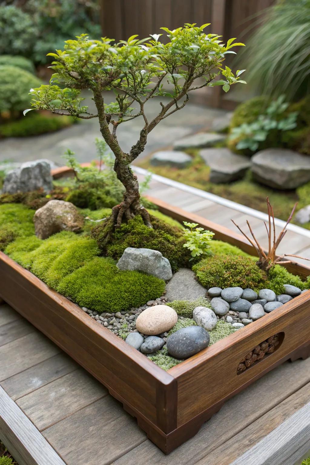 A bonsai-inspired moss garden that brings a serene elegance indoors.