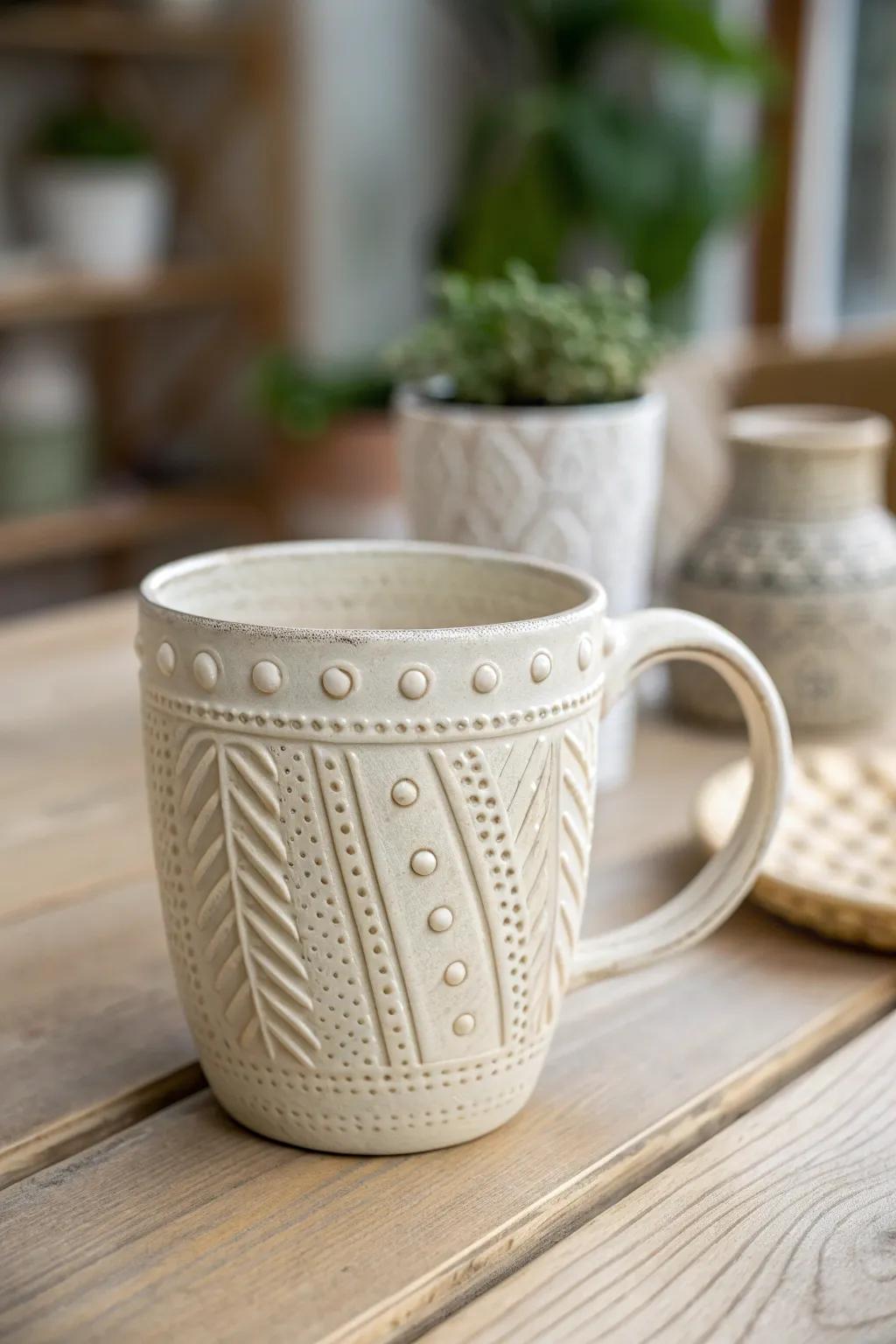 Embrace the beauty of textures with this tactile mug design, perfect for adding a touch of artistry to your coffee ritual.