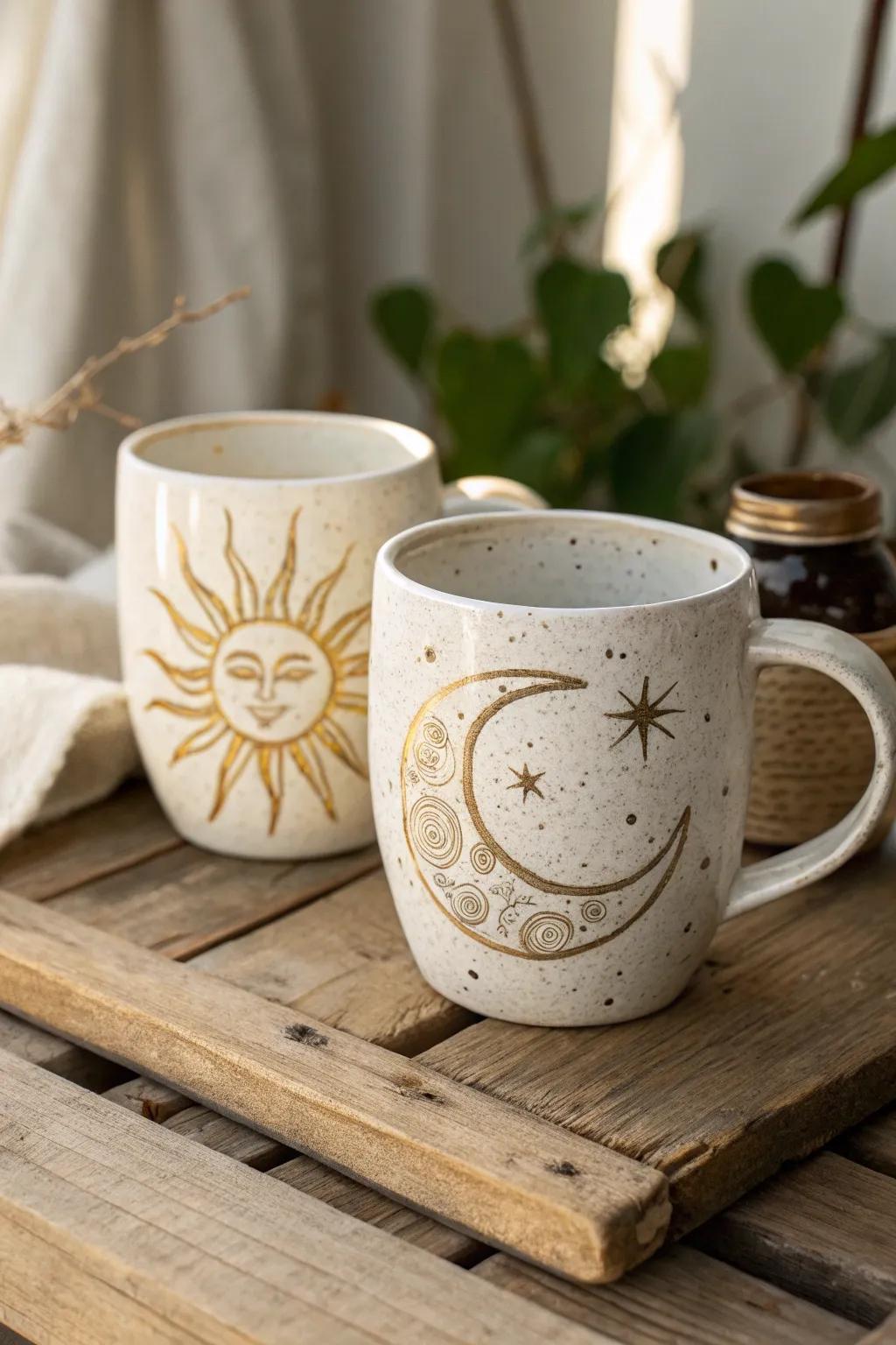 Embrace the harmony of sun and moon with this beautifully crafted mug set.