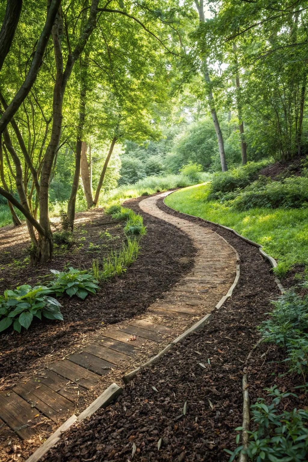 Experience tranquility with a handcrafted mulch path winding through nature's serene embrace.