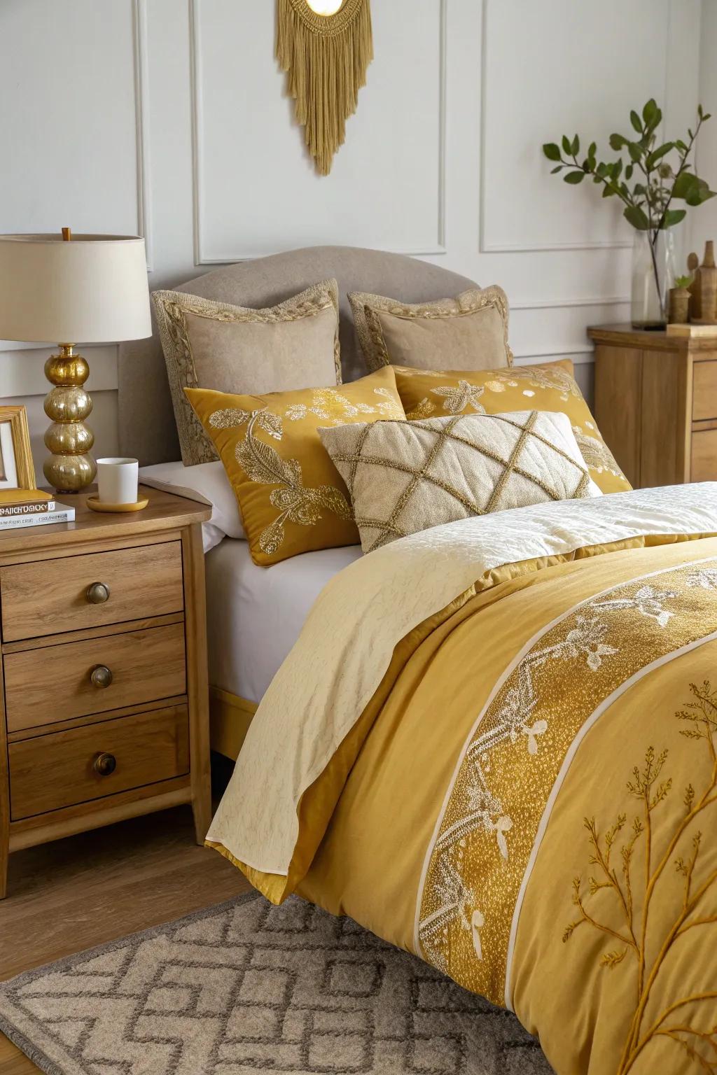 A sophisticated bedroom with glamorous mustard and gold tones.
