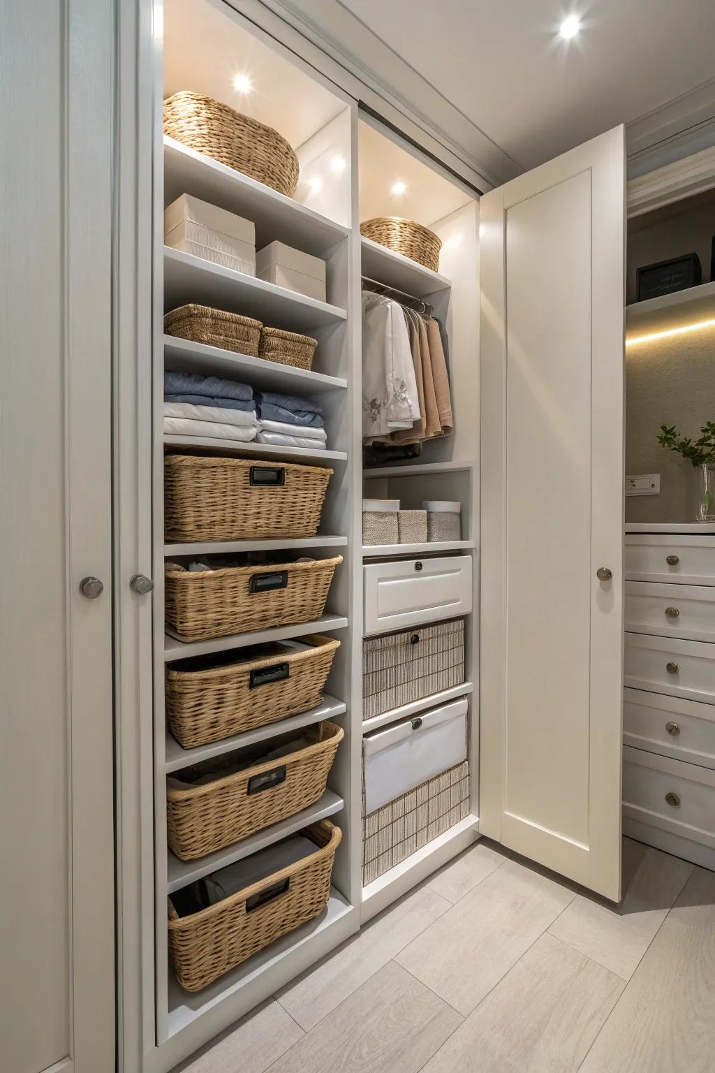 Sliding baskets and drawers in a narrow cabinet for easy access.
