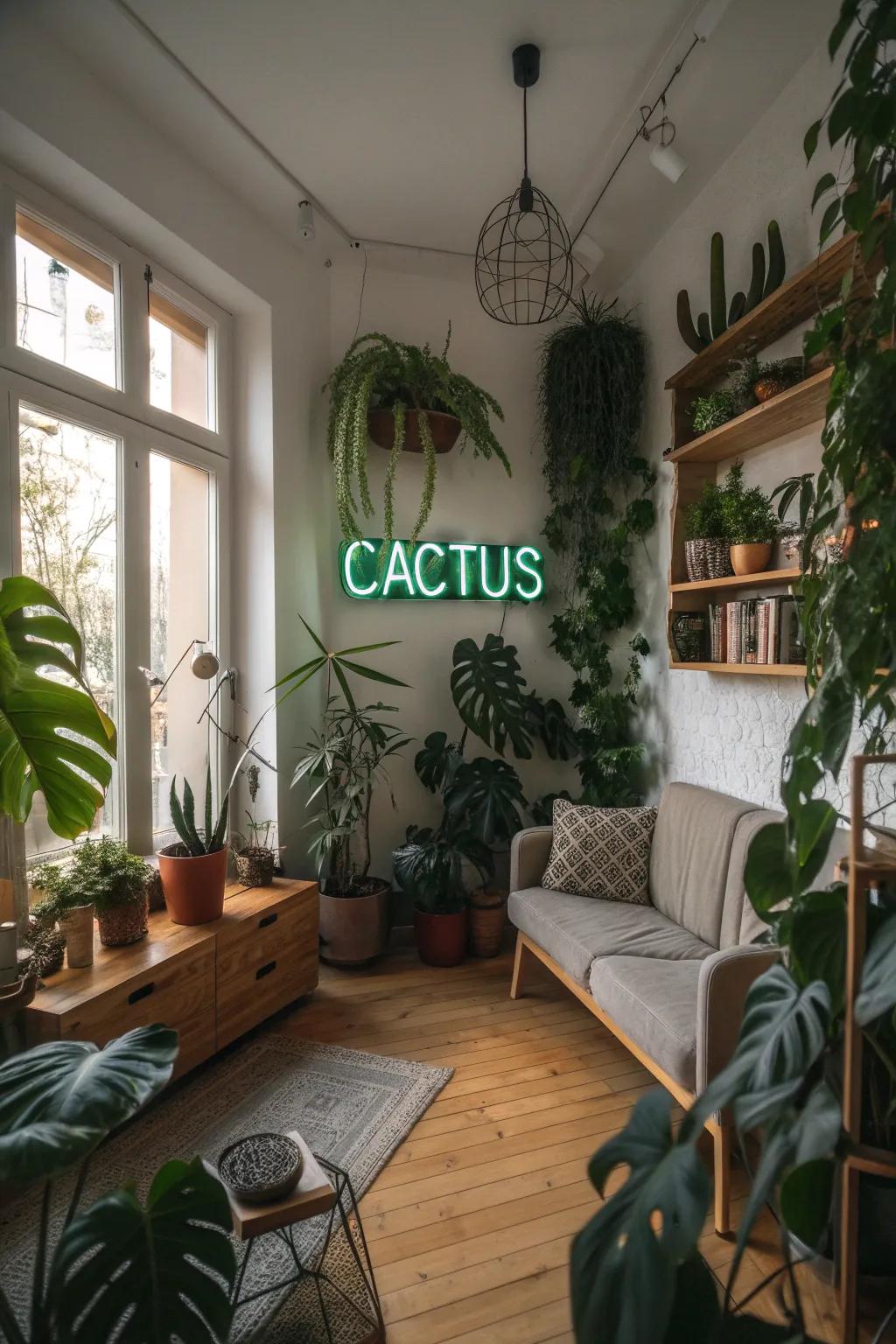 Combining neon signs with natural elements creates a balanced aesthetic.