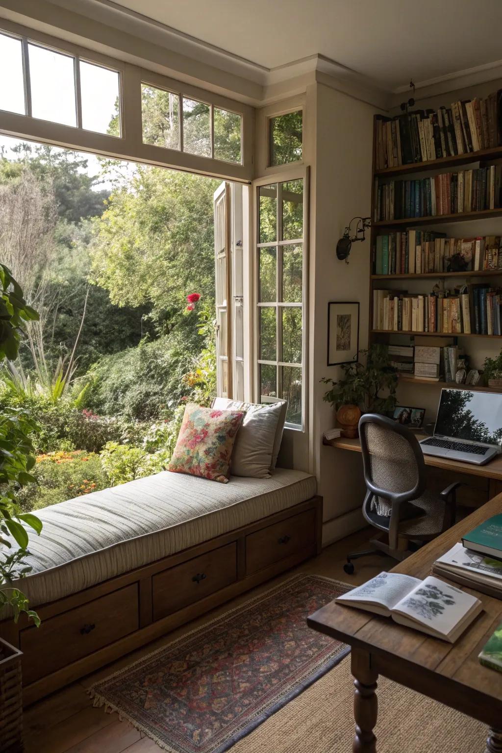 A daybed by the window offers natural light and a relaxing view.