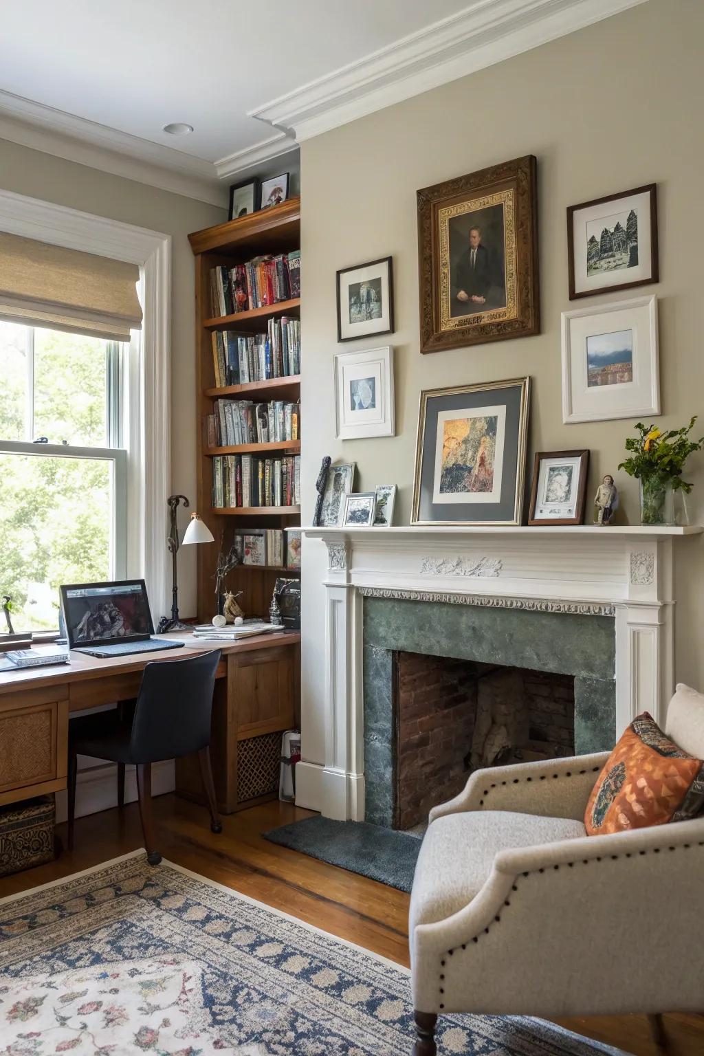 A mantel display adds personality to the office.