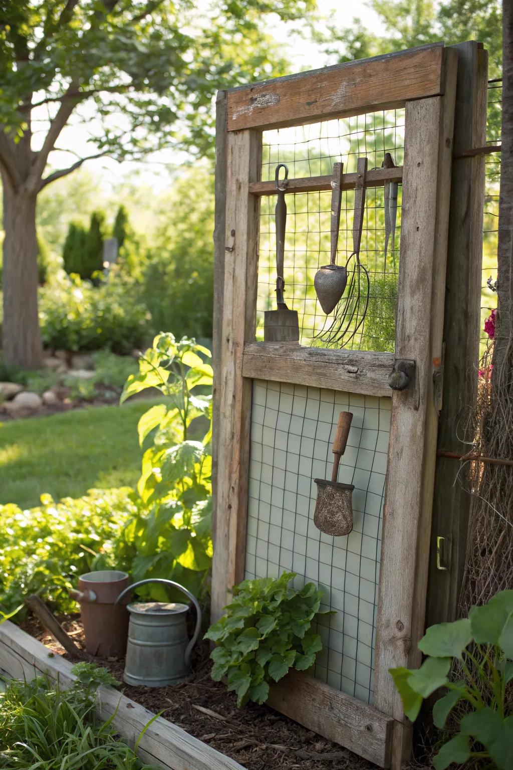 Transform your garden space with rustic charm: repurpose an old screen door as a potting bench backdrop.
