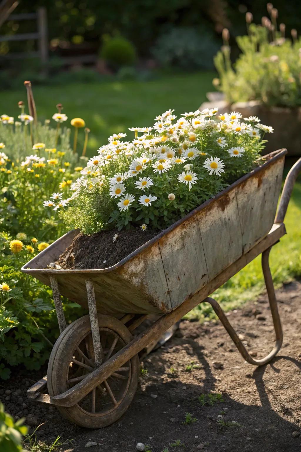 A charming garden accident: daisies tumble from a vintage wheelbarrow, merging nature with nostalgia.