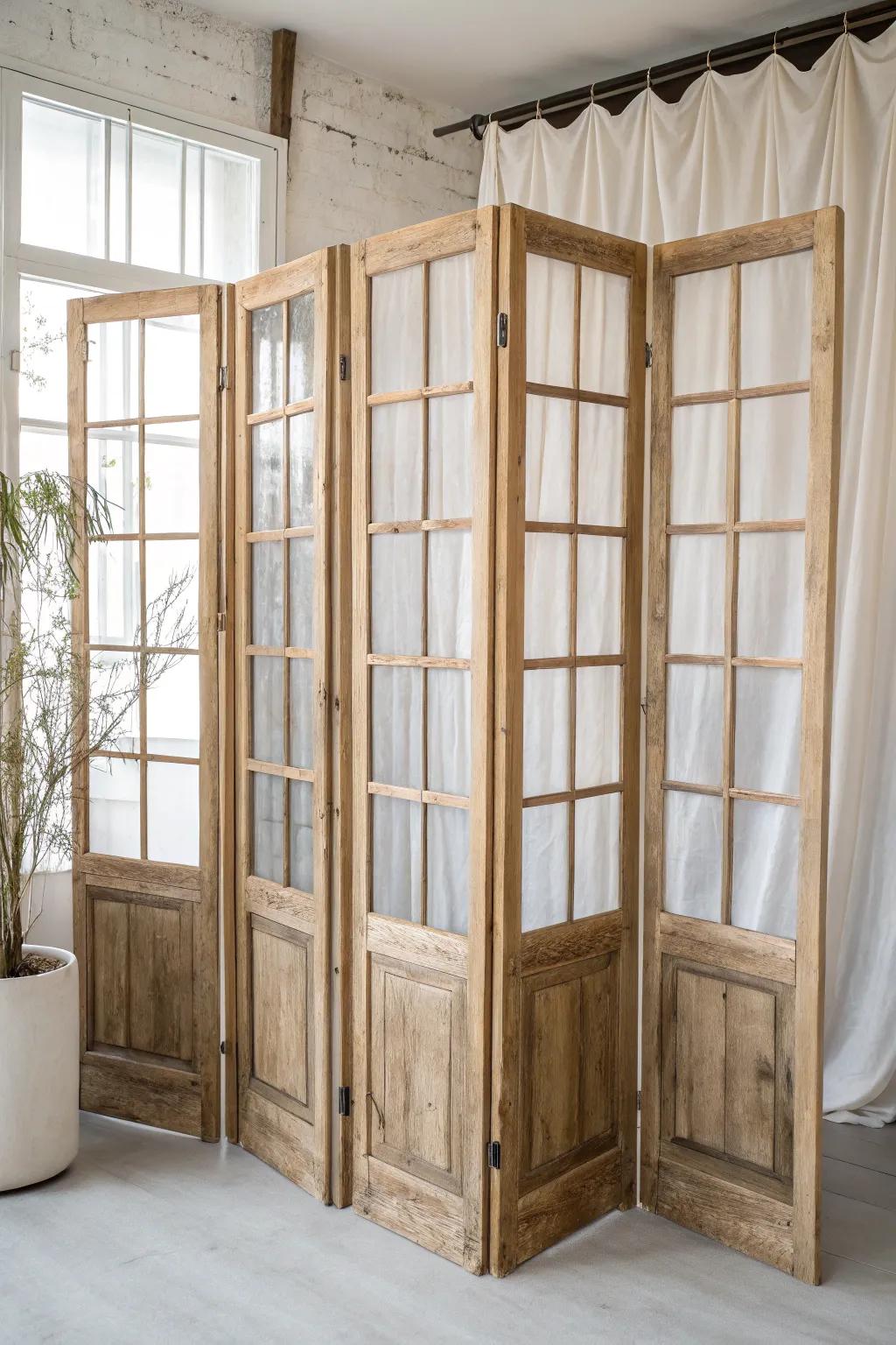 Transform your space with vintage charm: a unique room divider made from old windows.