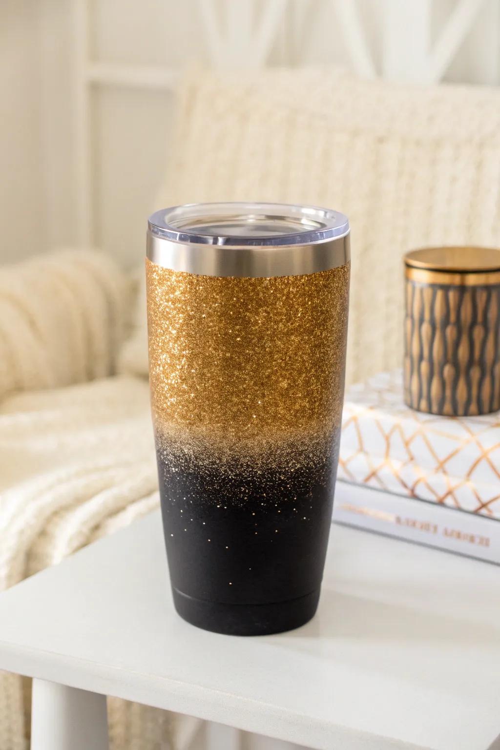 Elevate your style with this chic black to gold ombre tumbler—perfect for adding a touch of sparkle to any occasion.