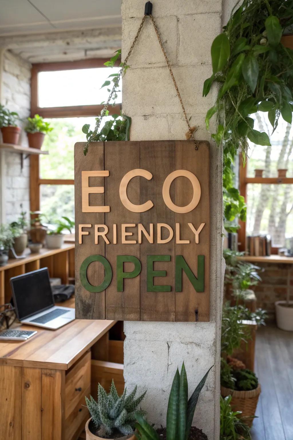 Combine style and sustainability with an eco-friendly open sign.