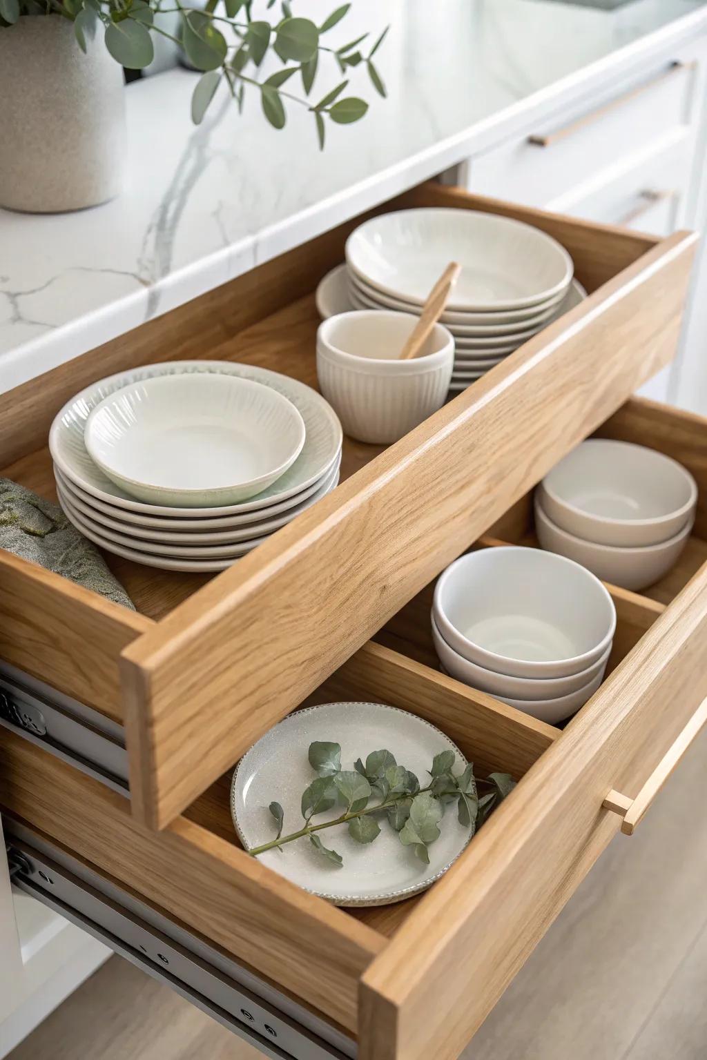 Elevate your kitchen organization with minimalist charm — embrace simplicity and elegance with dedicated space for your dishware.