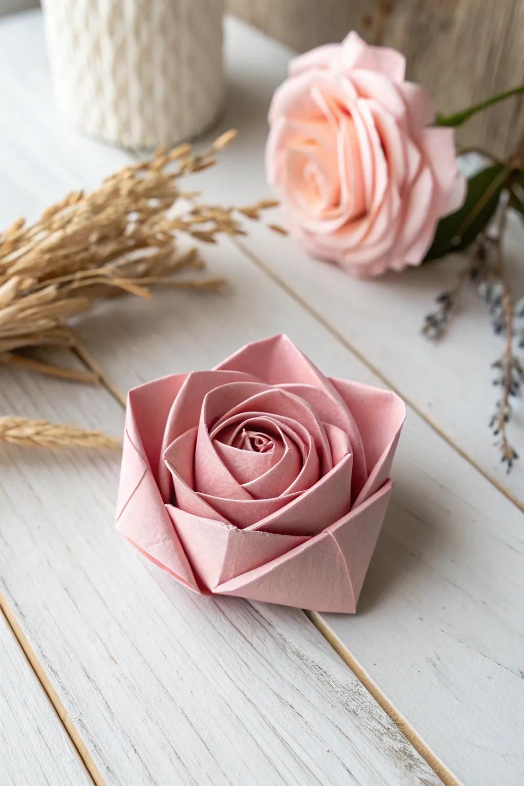 A beautifully crafted origami rose: simplicity meets elegance in this timeless piece.