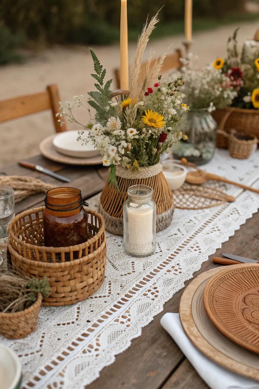 Earthy tones create a harmonious boho wedding table setting.