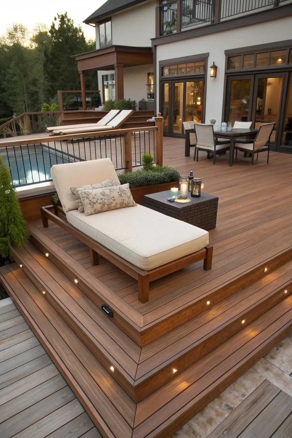 Step into a realm of relaxation with this expertly crafted multi-level deck, where each level offers its own unique retreat.
