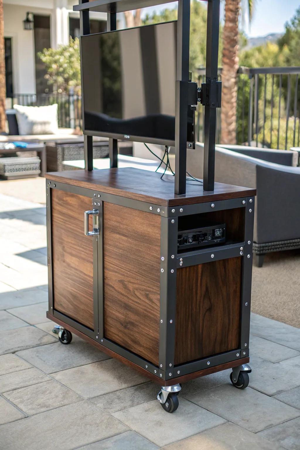 Elevate your outdoor entertainment with a handcrafted portable TV cart, perfect for any patio setting.