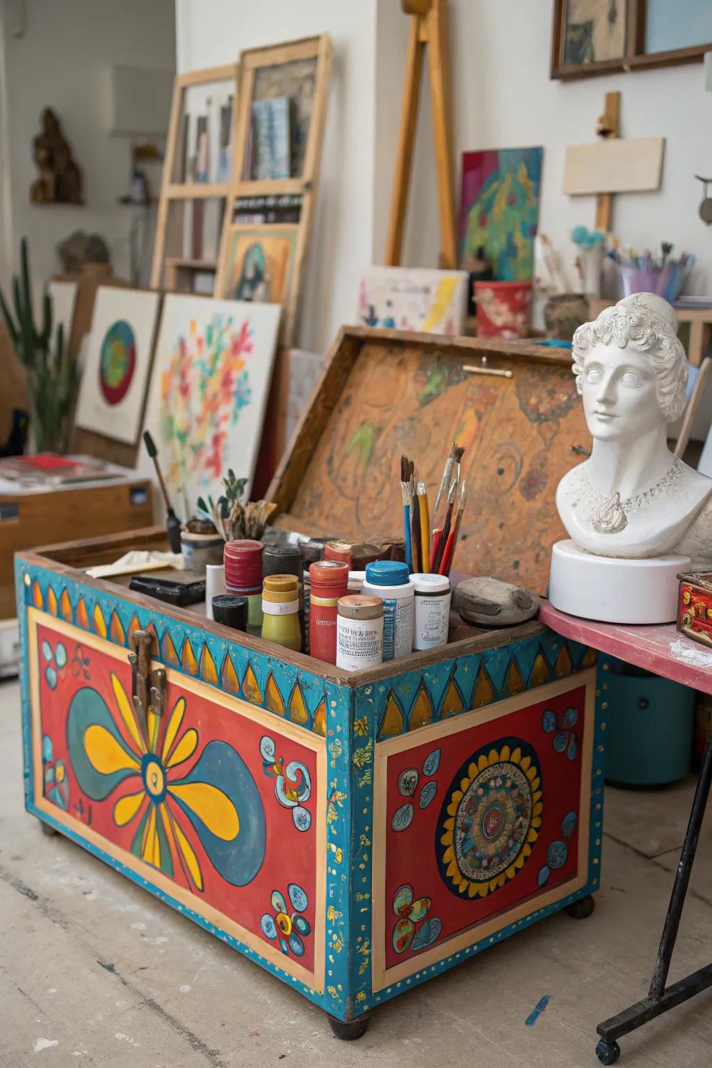 An eclectic bohemian chest, bursting with creativity.
