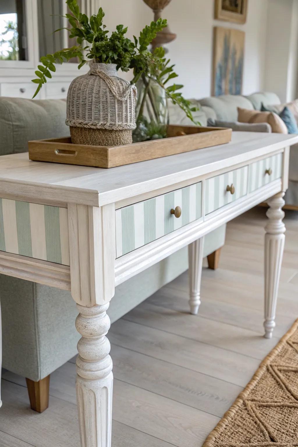 Add a touch of artistry to your space with this hand-painted striped console table, where simplicity meets elegance.