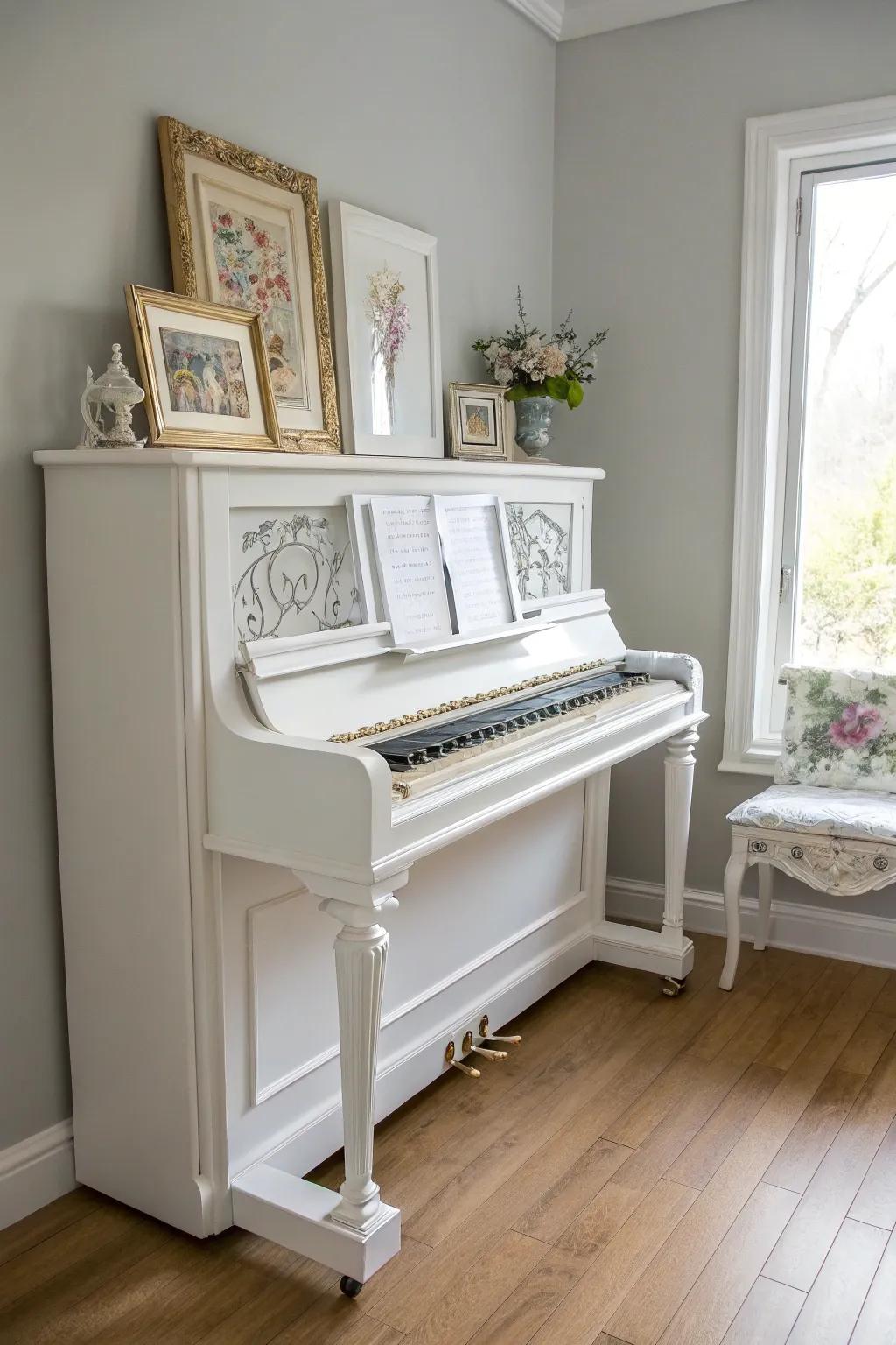 Transform your space with the timeless elegance of a crisp white piano, where vintage charm meets minimalist grace.