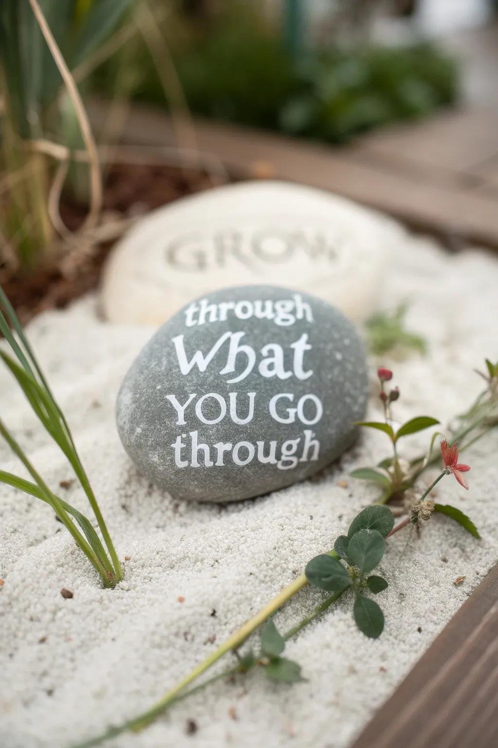 Find strength and inspiration in nature's simplicity with this beautifully painted rock mantra.