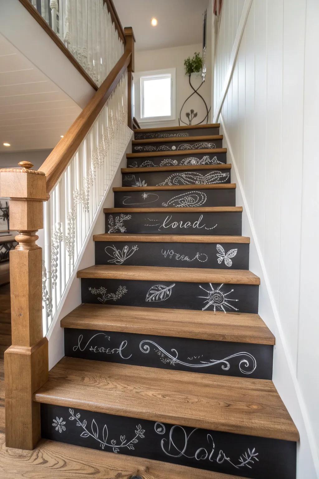 Elevate your space with playful chalkboard risers for a personalized staircase touch.
