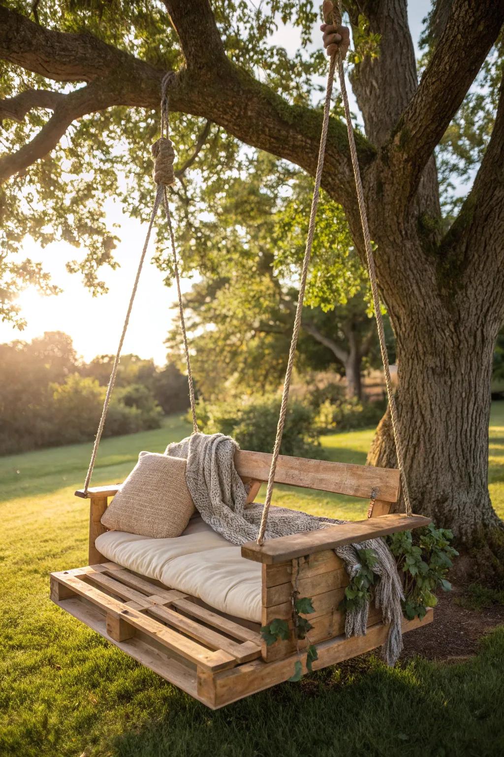 Find tranquility in the craft: A pallet swing, your garden's new centerpiece.