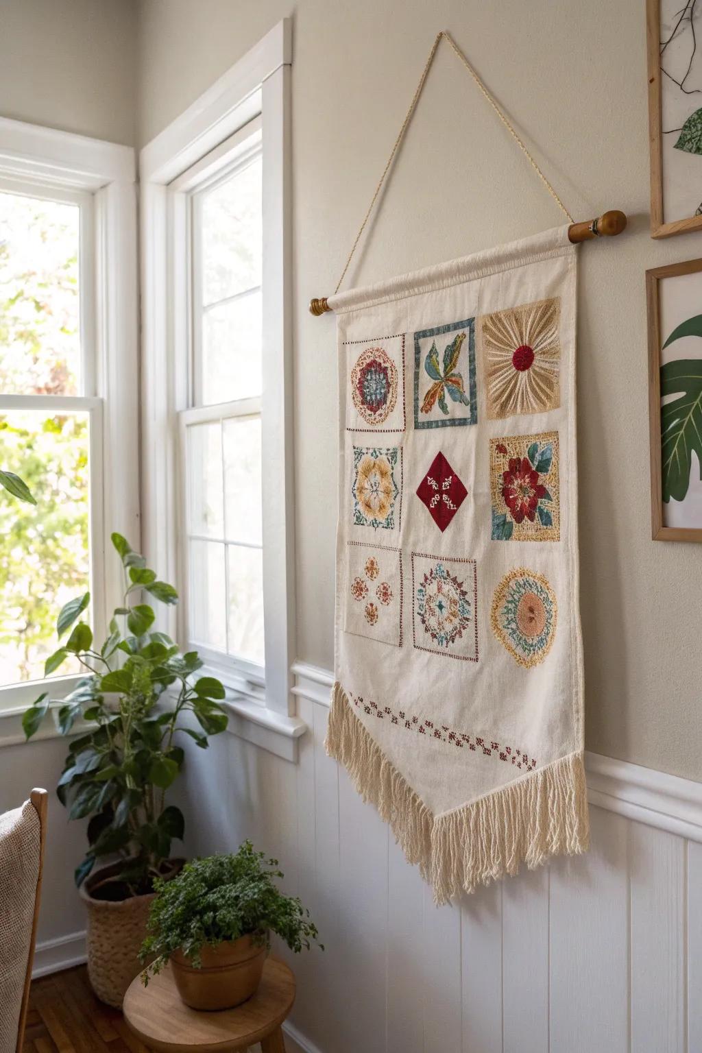 Elevate your space with a unique wall banner of memories, where every patch tells a story.