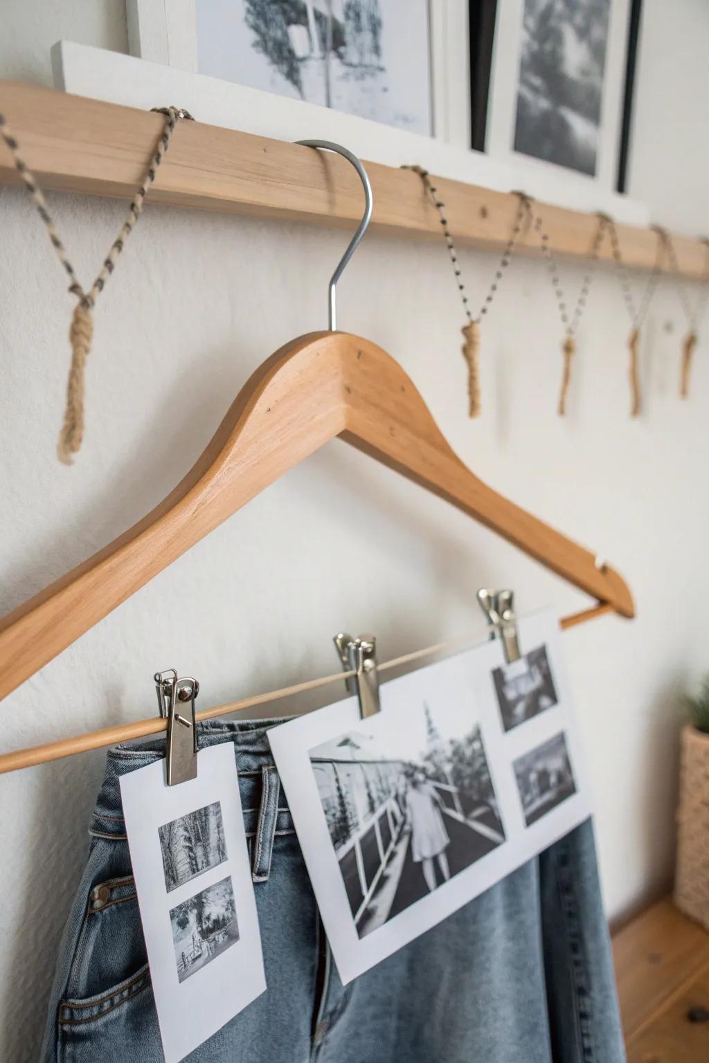 Transform your space with repurposed hangers: A minimalist's dream for creative photo displays.